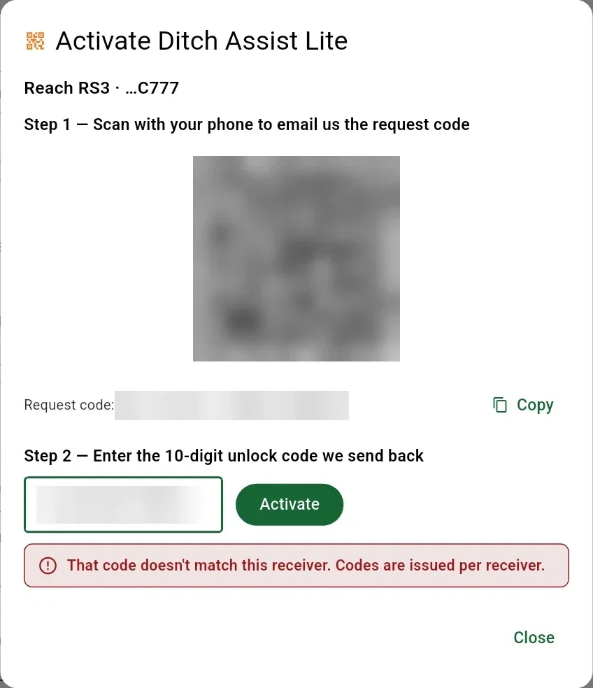 Activate Ditch Assist Lite window: the receiver Reach RS3 · …C777 at the top, the square code and request code hidden for privacy, the typed unlock code hidden, a green Activate button, and a red line: That code doesn't match this receiver. Codes are issued per receiver.